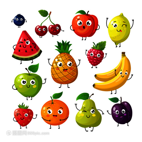 卡通有趣拟人水果香蕉橙和草莓插图